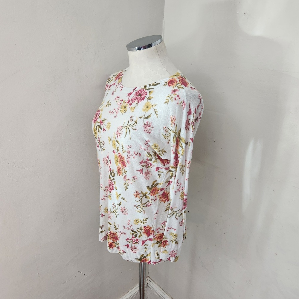 LOFT Womens Small Floral Print Lightweight Ramie Viscose Sweater White Pink S - Picture 5 of 5